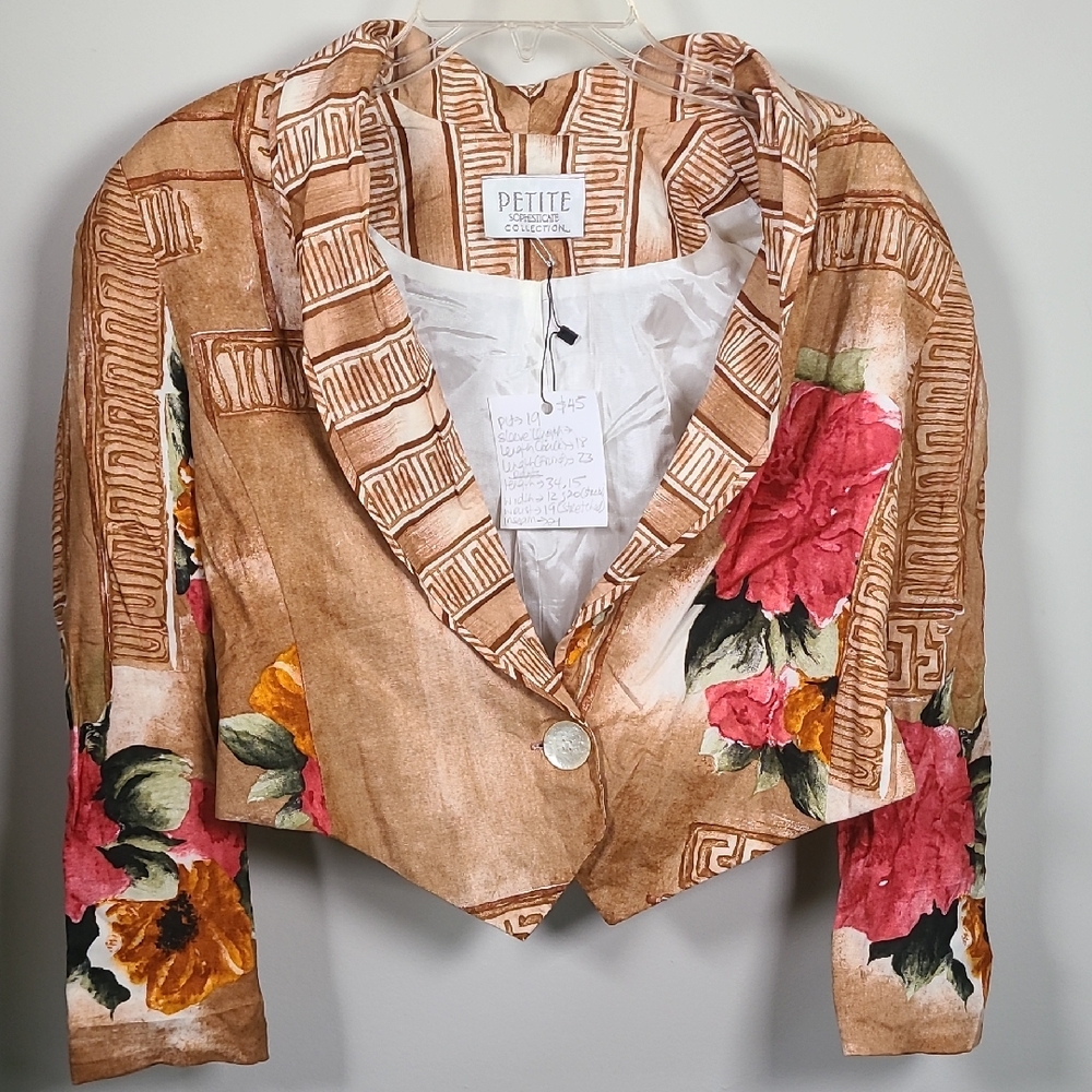 Petite Sophisticate Brown Floral Cropped Blazer with Pink & Yellow Accents